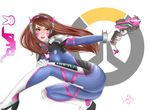  acronym animal_print artist_name bangs blue_bodysuit bodysuit breasts brown_eyes brown_hair bunny_print character_name charm_(object) clothes_writing d.va_(overwatch) emblem eyelashes facepaint facial_mark facing_viewer finger_on_trigger freckles gloves gun hand_on_own_knee handgun headphones high_collar highres holding holding_gun holding_weapon layinart light_smile lips logo long_hair looking_to_the_side medium_breasts nose outstretched_arm overwatch parted_lips pilot_suit pink_lips pistol pose ribbed_bodysuit shoulder_pads signature simple_background skin_tight solo squatting swept_bangs weapon whisker_markings white_background white_gloves 