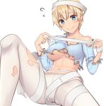  bandages blonde_hair blue_eyes brave_witches breasts crotch_seam flying_sweatdrops large_breasts looking_at_viewer midriff momiji7728 navel nikka_edvardine_katajainen pantyhose short_hair sitting smile solo sweatdrop torn_clothes torn_legwear underboob wavy_mouth white_legwear world_witches_series 