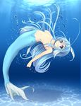  2013 blue_body blue_eyes blue_hair bottomless bra breasts clothed clothing female hair humanoid kiyomin looking_at_viewer marine merfolk pussy small_breasts smile solo underwater underwear water 