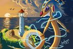  2017 4_fingers alien antennae avian beacon_(light) bird building countershading detailed_background digital_media_(artwork) digital_painting_(artwork) disney electricity experiment_(species) faralanga flying fur hawaii horizon house lighthouse lilo_and_stitch long_body looking_at_viewer looking_back purple_eyes red_nose sea signature slim smile solo_focus sparky_(lilo_and_stitch) sunset water white_countershading yellow_fur 