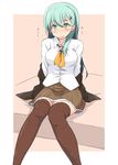  aqua_eyes aqua_hair bangs blush breasts brown_jacket brown_legwear brown_skirt commentary_request dress_shirt eyebrows_visible_through_hair feet_out_of_frame hair_ornament hairclip jacket kantai_collection knees_together_feet_apart kugui_kiyunemu large_breasts long_hair long_sleeves looking_at_viewer nervous_smile on_bed parted_lips pink_background pleated_skirt shirt sitting skirt solo suzuya_(kantai_collection) sweatdrop thighhighs translated white_shirt 