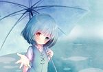  blue_background blue_hair blue_vest blush closed_mouth error eyebrows_visible_through_hair head_tilt heterochromia holding holding_umbrella looking_at_viewer nekomarieru outstretched_arm puddle reaching_out shirt short_hair short_sleeves smile solo tatara_kogasa touhou umbrella upper_body vest white_shirt 