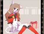  brown_hair candy candy_cane cat clothing feline female food fur hair legwear mammal pinknuss purple_fur simple_background sitting solo stockings white_fur 