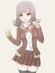  black_legwear brown_hair brown_jacket brown_skirt cowboy_shot danganronpa danganronpa_3 dress_shirt eyebrows_visible_through_hair grey_background hair_ornament jacket kotomiracle long_hair looking_at_viewer miniskirt nanami_chiaki neck_ribbon open_clothes open_jacket open_mouth pleated_skirt red_eyes red_ribbon ribbon school_uniform shirt simple_background skirt solo standing thighhighs white_shirt zettai_ryouiki 