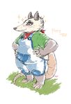  adam_bryce_thomas anthro barefoot blush clothing english_text female hand_on_hip hi_res long_tail mammal marsupial neckerchief opossum overalls overweight overweight_female plantigrade poppy_opossum poppy_opossum_(character) shirt simple_background solo standing text webcomic white_background 