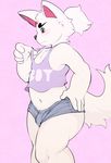  anthro black_nose booty_shorts bulge canine clothing english_text eroborus fluffy fluffy_tail fox fur hand_on_hip hi_res kitsune_(ero) looking_down male mammal midriff navel pink_background shirt side_view simple_background solo standing tank_top text tight_clothing white_fur 