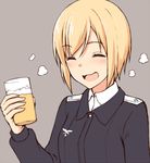  ^_^ alcohol beer blonde_hair closed_eyes cup erica_hartmann grey_background military military_uniform momiji7728 open_mouth short_hair simple_background solo strike_witches uniform wavy_mouth world_witches_series 