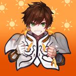  :d asymmetrical_gloves brown_hair clenched_hands cropped_torso feathers gloves green_eyes hair_feathers hair_ornament looking_at_viewer male_focus moemoe3345 open_mouth orange_background orange_feathers smile solo sorey_(tales) tales_of_(series) tales_of_zestiria white_gloves 