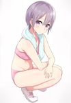  blue_towel blush bra grey_eyes grey_hair highres ichijou_(kr_neru0) idolmaster idolmaster_cinderella_girls looking_at_viewer midriff otokura_yuuki panties pink_bra pink_panties short_hair simple_background smile solo sports_bra squatting towel towel_around_neck underwear underwear_only white_background 