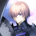  armor black_armor close-up closed_mouth face fate/grand_order fate_(series) genderswap genderswap_(ftm) hair_over_one_eye male_focus mash_kyrielight official_style portrait purple_eyes purple_hair solo takeuchi_takashi_(style) tetsukuzu_tetsuko twitter_username 