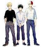 &gt;:( aqua_eyes bakugou_katsuki bangs black_shirt blonde_hair blue_pants boku_no_hero_academia closed_mouth commentary_request dress_shirt frown green_eyes green_hair hand_in_pocket hands_in_pockets hegi height_chart heterochromia jewelry looking_at_viewer male_focus midoriya_izuku multicolored_hair multiple_boys necklace pants parted_lips pointy_hair red_eyes red_hair shirt shoes silver_eyes simple_background smile standing todoroki_shouto two-tone_hair v-shaped_eyebrows v_arms white_background white_hair 