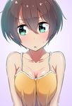  absurdres aqua_eyes bare_shoulders blush breast_squeeze breasts brown_hair cleavage highres large_breasts new_game! open_mouth shinoda_hajime short_hair solo sweatdrop t~t 