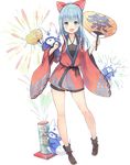  animal_ears bike_shorts blue_eyes blue_hair dog_ears fan fang fireworks full_body hair_ribbon happi holding holding_fan inuyama_(oshiro_project) isegawa_yasutaka japanese_clothes long_hair looking_at_viewer official_art oshiro_project oshiro_project_re paper_fan red_ribbon ribbon transparent_background uchiwa 