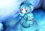  backpack bag belt blue_dress blue_eyes blue_hair blush closed_mouth cucumber dress eating food from_above grass hat holding holding_food kawashiro_nitori long_sleeves looking_back nekomarieru pocket river short_hair solo touhou tree two_side_up 