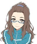  bangs_pinned_back blue_jacket brown_eyes brown_hair close-up closed_mouth commentary_request face glasses hair_ornament hairclip jacket kouzuki_sanae lips long_hair long_sleeves looking_at_viewer sakura_quest simple_background smile solo tonee white_background 