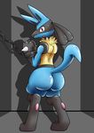  2016 3_fingers 3_toes ambiguous_gender anthro big_butt black_fur blue_fur blush bound butt canine chain fangs fur looking_at_viewer looking_back lucario mabuta_1 mammal nintendo open_mouth pawpads pok&eacute;mon raised_tail red_eyes shadow solo spikes standing sweat toes tongue video_games wide_hips yellow_fur 