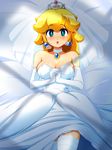  :o absurdres bare_shoulders bed_sheet blonde_hair blue_eyes blush breasts breath bridal_veil choker cleavage dress earrings elbow_gloves gloves hands_clasped highres jewelry konpeto large_breasts long_hair looking_at_viewer lying mario_(series) on_back own_hands_together pendant princess_peach shiny shiny_hair solo super_mario_bros. super_mario_odyssey sweat thighhighs tiara veil wedding_dress white_gloves white_legwear 