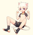  animal_ears bad_id bad_pixiv_id bell bell_collar cat_ears cat_tail catboy collar full_body highres long_hair looking_at_viewer male_focus muma_feifei open_mouth original ponytail purple_eyes shorts smile solo tail white_hair 