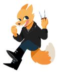  2017 anthro bear boots canine clothed clothing cute doughnut english_text fangs food footwear fox fur gregg_(nitw) holding_object jacket knife leather leather_jacket male mammal night_in_the_woods sir-fluffbutts_(artist) text weapon 