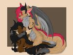  2017 anthro black_hair blush breasts brown_fur canine cowgirl_position digital_media_(artwork) dragon eyes_closed female freckles fur hair hi_res horn koda-na-canine male male/female mammal nipples on_top open_mouth penetration penis pink_hair pussy scalie sex simple_background vaginal vaginal_penetration wings wolf 