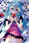  :o apple aqua_eyes aqua_hair bare_arms bed_sheet bell blush bottomless bow candy candy_wrapper commentary_request flower food fruit glass_slipper hair_flower hair_ornament half-closed_eyes hand_mirror hatsune_miku head_tilt high_heels highres holding holding_food holding_fruit leaf long_hair looking_at_viewer lying makeup mascara mirror navel niruanu_(nitayam) on_back out-of-frame_censoring polka_dot revision romeo_to_cinderella_(vocaloid) school_uniform serafuku shirt_removed shoe_bow shoes solo strap_slip vocaloid watch wristwatch 