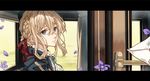  blonde_hair blue_eyes braid cheese_kang hair_between_eyes hair_ribbon letter letterboxed long_hair petals revision ribbon solo violet_evergarden violet_evergarden_(character) 