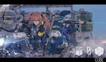  4girls armband assault_rifle bandaid bangs beret closed_eyes driving fingerless_gloves g11_(girls_frontline) girls_frontline gloves green_eyes ground_vehicle gun hair_between_eyes hair_ornament hair_ribbon hat highres hk416_(girls_frontline) jacket ladic letterboxed long_hair multiple_girls one_side_up orange_hair red_eyes ribbon rifle silver_hair two_side_up ump45_(girls_frontline) ump9_(girls_frontline) weapon 