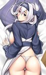  ainu_clothes ass breasts covered_nipples dakimakura eyebrows_visible_through_hair hair_between_eyes headband kamoi_(kantai_collection) kantai_collection large_breasts long_hair long_sleeves looking_at_viewer looking_back lying on_stomach panties pillow side-tie_panties sideboob silver_eyes solo thick_eyebrows thigh_gap tony_guisado underwear white_hair white_panties 