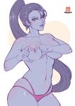  1girl areolae artist_name blue_hair blue_skin bokuman breasts collarbone ear_studs gradient_background long_hair looking_at_viewer navel nipples panties parted_lips ponytail solo topless widowmaker_(overwatch) yellow_eyes 