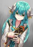  absurdres alternate_eye_color commentary_request fate/grand_order fate_(series) green_eyes green_hair hair_between_eyes highres hoshibudou japanese_clothes kiyohime_(fate/grand_order) long_sleeves looking_at_viewer multiple_horns open_mouth shaded_face solo wide_sleeves 