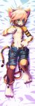  2016 anthro belt blush brown_fur brown_hair cat claws clothed clothing collar cub feline fur green_eyes hair kemorate looking_at_viewer lying male mammal nipples on_back open_mouth orange_fur shorts shu solo topless underwear young 
