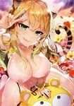  :q absurdres animal_ears armpits bare_legs bare_shoulders barefoot bikini_tan blonde_hair blurry blush breasts day depth_of_field eyebrows_visible_through_hair flower flower_bracelet gradient_hair green_eyes green_hair hibiscus highres kotora_(toranoana) large_breasts long_hair looking_at_viewer multicolored_hair nail_polish naughty_face nipples outdoors puffy_nipples redrop scan smile solo sparkle suggestive_fluid sunlight tail tan tanline tiger_ears tiger_tail tongue tongue_out toranoana v wet 