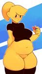  2017 5_fingers belly big_breasts blush bottomless breasts clothed clothing dabbledraws deep_navel digital_media_(artwork) female food fruit hair hi_res holding_object humanoid legwear navel not_furry overweight partially_clothed pussy slightly_chubby solo stockings strawberry thick_thighs toony_(dabbledraws) voluptuous wide_hips yellow_body yellow_skin 