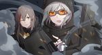  blood blood_on_face brown_eyes brown_hair chinese commentary_request facial_scar girls_frontline grey_hair hair_between_eyes hair_down hood hooded_jacket jacket ksg_(girls_frontline) long_hair multiple_girls one_eye_closed open_mouth parted_lips partial_commentary protecting scar scar_across_eye shield shooting_glasses smile smoke sparks ump45_(girls_frontline) xiujia_yihuizi 