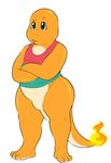  anthro barefoot bottomless charmander clothed clothing crossed_arms cute_fangs eroborus fan_character featureless_crotch fire flaming_tail front_view hadou hi_res looking_away male nintendo plantigrade pok&eacute;mon scalie shirt solo tank_top video_games 