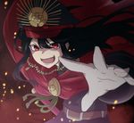  :d belt black_hair cape embers family_crest fate/grand_order fate_(series) gloves hair_between_eyes hat koha-ace long_hair looking_at_viewer military military_uniform oda_nobunaga_(fate) open_mouth outstretched_arm outstretched_hand peaked_cap reaching_out red_cape red_eyes smile solo uniform v-shaped_eyebrows white_gloves wind xiujia_yihuizi 