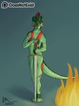  2017 argonian bodypaint broken_horn claws convenient_censorship digital_media_(artwork) digitigrade fan_character feathers fire green_scales hi_res horn longsword male melee_weapon nude red_feathers scales scalie shows-his-scales simple_background solo standing strategically_covered sword the_elder_scrolls theandymac video_games weapon yellow_eyes 