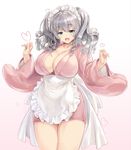  :d alternate_costume apron bangs blue_eyes blush breasts cleavage collarbone commentary_request cowboy_shot enmaided highres japanese_clothes kantai_collection kashima_(kantai_collection) kimono kiyama_satoshi large_breasts long_sleeves looking_at_viewer maid maid_headdress open_mouth revision short_kimono silver_hair smile solo twintails waist_apron wavy_hair wide_sleeves 