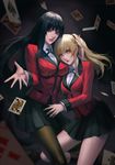  bangs black_hair black_legwear black_skirt blazer blonde_hair blunt_bangs breasts card checkered checkered_skirt head_on_chest hime_cut jabami_yumeko jacket kakegurui kneehighs large_breasts lips long_hair looking_at_viewer miniskirt multiple_girls nail_polish pantyhose parted_lips phamoz playing_card pleated_skirt red_eyes red_jacket red_nails saotome_meari school_uniform skirt smile twintails very_long_hair 