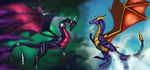  black_scales blue_eyes claws cynder day dragon female feral galidor-dragon green_background hi_res horn looking_at_viewer markings membranous_wings outside scales scalie simple_background smile sparx spines spyro spyro_the_dragon video_games western_dragon wings 