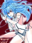  1girl alfimi artist_request banpresto bare_legs blue_hair breasts curvy female long_hair looking_at_viewer ponytail red_eyes small_breasts solo super_robot_wars sword thong very_long_hair weapon 