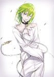  bangs blurry chain collar depth_of_field enkidu_(fate/strange_fake) enkidu_(weapon) fate/strange_fake fate_(series) green_hair grey_eyes hair_between_eyes key leash long_hair looking_at_viewer mouth_hold one_eye_closed parted_lips revision robe shijiu_(adamhutt) smile solo straitjacket teeth torn_clothes zipper 