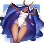  animal_ears breasts cameltoe commentary_request dark_skin earrings fate/grand_order fate_(series) jackal_ears jewelry kakumayu long_hair looking_at_viewer medium_breasts nitocris_(fate/grand_order) nitocris_(swimsuit_assassin)_(fate) one-piece_swimsuit purple_eyes purple_hair revision smile solo swimsuit very_long_hair 