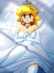  :o ? bare_shoulders bed_sheet blonde_hair blue_eyes blush breasts breath bridal_veil choker cleavage dress earrings elbow_gloves gloves hands_clasped highres jewelry konpeto large_breasts long_hair looking_at_viewer lying mario_(series) on_back own_hands_together pendant princess_peach shiny shiny_hair solo spoken_question_mark super_mario_bros. super_mario_odyssey sweat thighhighs tiara veil wedding_dress white_gloves white_legwear 