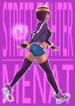  bangs black_legwear blue_eyes blunt_bangs bob_cut bracelet breasts casual character_name copyright_name crop_top crystal_ball dark_skin denim denim_shorts elbow_gloves fingerless_gloves gloves jacket jewelry menat midriff purple_gloves purple_hair purple_legwear rat1989 shoes short_hair short_shorts shorts small_breasts sneakers solo street_fighter street_fighter_v thighhighs tiara track_jacket walking 