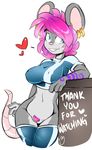  &lt;3 2017 anthro big_breasts blue_eyes bottomless breasts buckteeth clothed clothing crop_top duckdraw ear_piercing english_text female fur grey_fur hair legwear mammal midriff mouse multicolored_fur navel nipple_bulge piercing pink_hair pink_nose pubes pussy rodent shirt simple_background smile solo tattoo teeth text thigh_highs tight_clothing two_tone_fur white_background wide_hips 