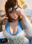  artist_name black-framed_eyewear blue_shirt blurry blurry_background breasts brown_eyes brown_hair cleavage collarbone drone ecopoint_mei eyelashes eyewear_on_head glasses hair_down highres large_breasts lips lolliedrop long_sleeves looking_at_viewer medium_hair mei_(overwatch) overwatch parted_lips print_shirt robot rubbing_eyes shirt signature smile snowball_(overwatch) solo tank_top undershirt upper_body watermark web_address white_shirt 