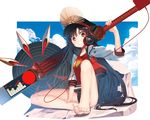  barefoot black_hair buster_shirt cloud day fate/grand_order fate_(series) feet frilled_bikini_bottom grin guitar hat headphones headphones_around_neck highres instrument jacket kagome_(traumatize) long_hair looking_at_viewer oda_nobunaga_(fate) oda_nobunaga_(swimsuit_berserker)_(fate) peaked_cap red_eyes sitting sky smile solo 