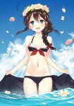  :d adapted_costume bikini black_bikini black_hair blue_eyes blush braid breasts bridal_veil cleavage cloud collarbone day flower front-tie_bikini front-tie_top hair_between_eyes hair_ornament hair_tie kantai_collection long_hair mismatched_bikini naoto_(tulip) navel open_mouth outdoors petals petals_on_liquid remodel_(kantai_collection) sailor_bikini sailor_collar sarong sarong_removed shigure_(kantai_collection) single_braid sky small_breasts smile solo swimsuit upper_body veil wading water wreath 