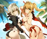 apron arched_back arm_up artoria_pendragon_(all) artoria_pendragon_(swimsuit_rider_alter) ass beach bikini black_bikini blonde_hair blue_sky blush breasts closed_mouth cloud cloudy_sky commentary_request cowboy_shot day eyebrows_visible_through_hair fate/grand_order fate_(series) green_eyes hair_between_eyes hair_intakes highres hood hooded_jacket hoodie jacket light_brown_hair long_hair long_sleeves looking_at_viewer maid_headdress medium_breasts mop multiple_girls nail_polish nero_claudius_(fate)_(all) nero_claudius_(swimsuit_caster)_(fate) open_clothes open_hoodie open_jacket outdoors palm_tree revision saber_alter side-tie_bikini sideboob sky smile striped striped_bikini swimsuit sword tree twintails v waist_apron weapon yang-do yellow_eyes 